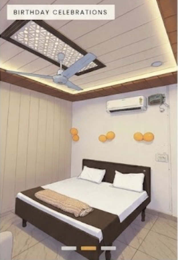 Birthday party room decorated with balloons