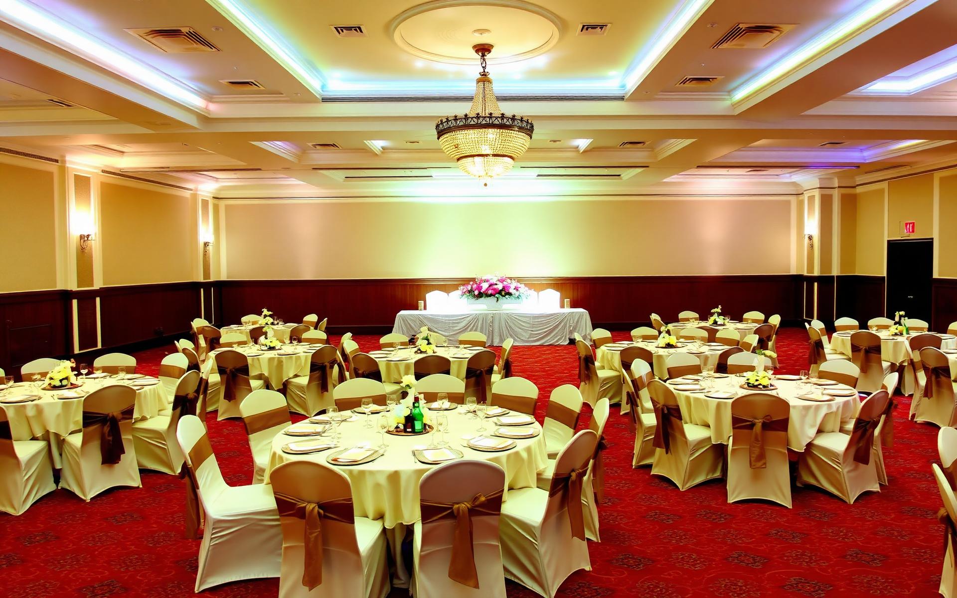 The grand banquet hall set for a function