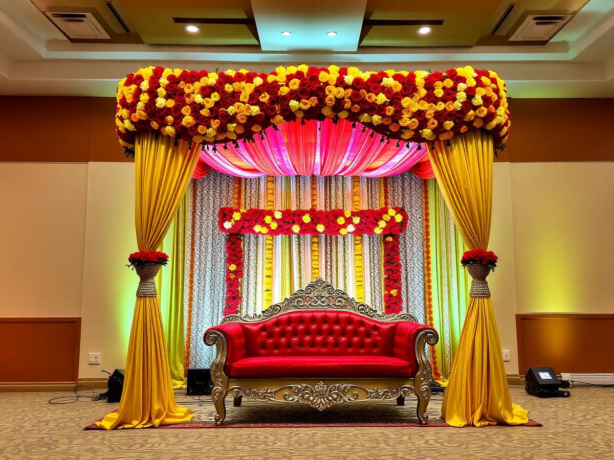 Wedding stage decorated with flowers and drapes